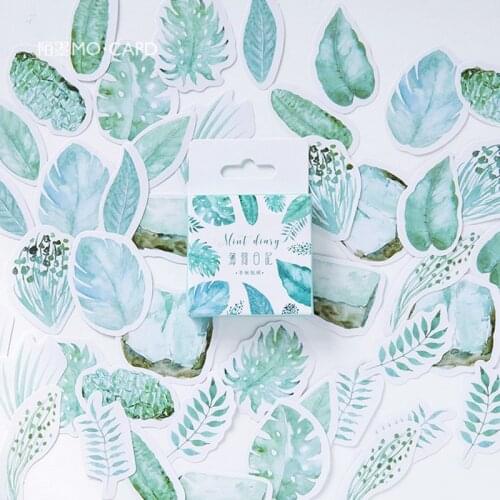 45pcs/box Fresh Green Leaf Mint Paper Stickers Hand Account Scrapbooking Stationery Decoration DIY Diary Planner Sticker
