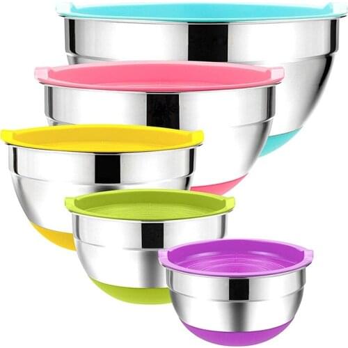 AF89 5Pcs Stainless Steel Mixing Bowls 18-26cm Diameter Metal Nesting Bowls with Colorful Airtight Lids Non-Slip Bottoms