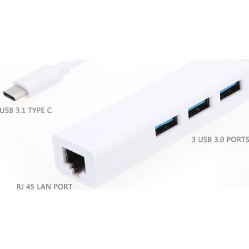 50pcs USB 3.1 Type C to 3 Ports USB 3.0 HUB RJ45 Ethernet Network LAN Port Adapter for Macbook MP4 pc notebook