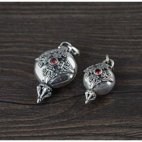 Buddha Pendant Openable 925 Sterling Silver Six Words Carving Inlaid Red Zircon Vintage Antique Style Buddhist Jewelry