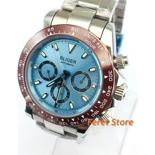 Bliger 39mm sapphire glass silver case blue dial ceramic bezel luminous automatic mens mechanical multifunction watch