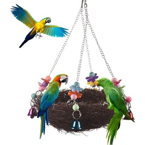 Natural Rattan Nest Bird Swing Toy with Bells for Parrot Cockatoo Macaw Amazon African Grey Budgie Lovebird Finch Cage Perch