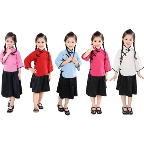 Hooyi Girls School Clothes Suits Fashion Children Jumper Skirts 2-pieces Sets Chinese Costumes 100% Cotton Qipao Sets 6-16