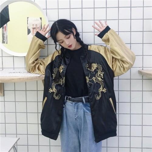 Women bomber jackets harajuku japanese style streetwear clothing bombers women dragon embroidered Japan bomber jacket FF1388 L