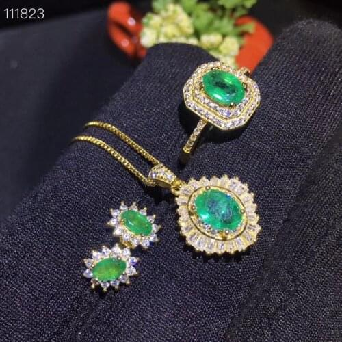 Best Gift Natural Real Emerald Set 925 Sterling Silver 1pc Emerald Ring,2pcs Emerald Earring,1pc Emerald Pendant