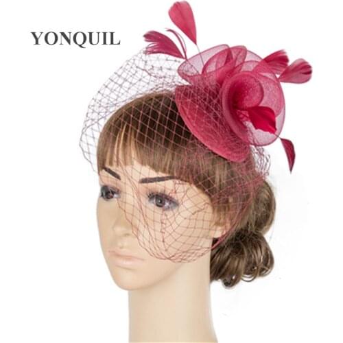 Marron Mesh Fasinctor Bride Elegant Headdress Base Crinoline Made Flower Female Veils With Feather Hats Party Headwear MYQ063