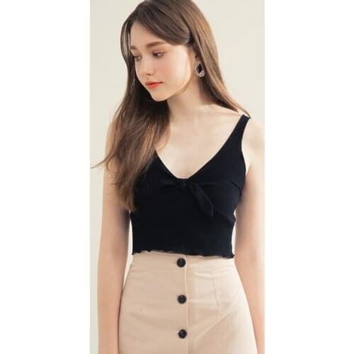 Fashion Summer Solid Women Knitted Vest Sweet Bow Backless Off Shoulder Crop Tops