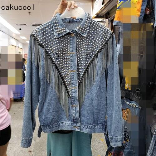 Cakucool New Denim Jacket Tassels Rivets Womens Jeans Korean Loose Jeans Jacket Beading Punk Coat Casual Girls Outerwear Black