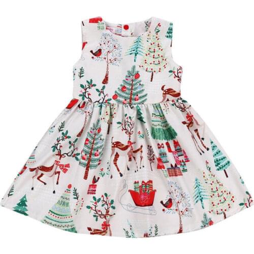 New Adorable Kids Baby Girl Christmas Cartoon Deer Dresses Sleeveless Girls Lovely Floral Print Party Tutu Princess Dress 1-6Y