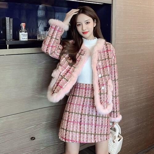 Fur Collar Single Breasted Autumn Winter Small Fragrance Pink Coat Suit Tweed Skirt Foreign Style Age Reduction Two Piece Set