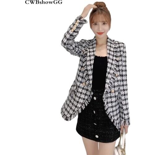 CWBshowGG Autumn And Winter Small Fragrance Tweed Notched Collar Long-Sleeved Black And White Plaid Tassel Cardigan Jacket