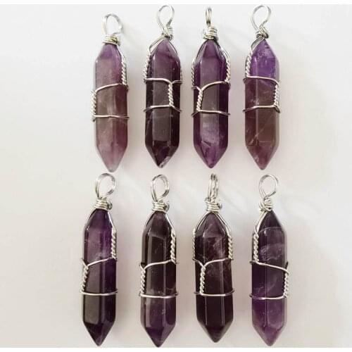 Fashion natural amethyst stone purple pillar shape point Chakra charms pendants Wholesale 12pcs for jewelry making free shipping