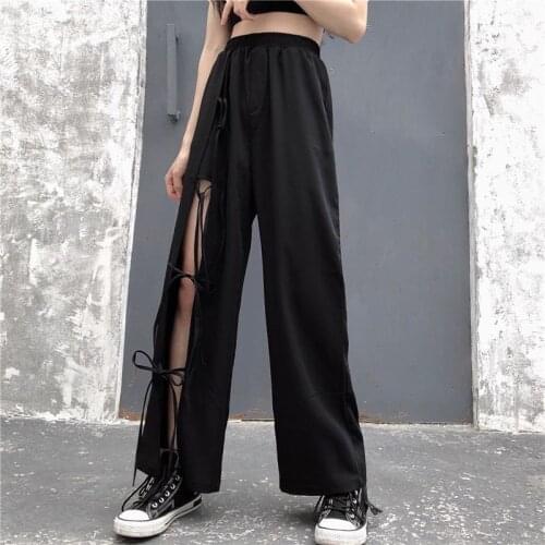 Slit High Waist Wide-leg Pants Women 2021 New Oversize Pants Loose Elastic Waist Solid Polyester Plus Size Clothing for Women