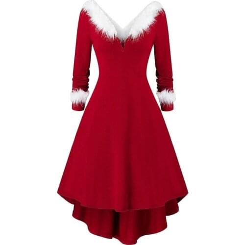 MISSJOY Womens Christmas V-Neck Long Sleeved Waist Plush High Low A-Line Irregular Red Asymmetrical X-max Evening Party Dress