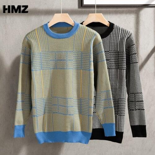 HMZ Korean Fashion Pullover Loose Sweaters Men Pattern Loose Crew Neck Sweaters Men Plaid Pullover Men Clothing Casual Top Shirt