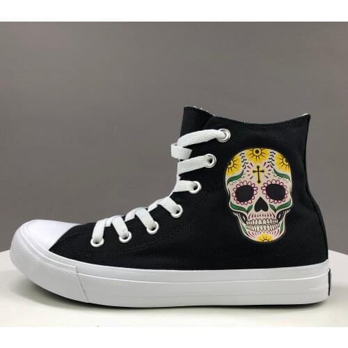Wen New Design Skull Tattoo Canvas Shoes Men Women Skateboard Shoes Black High Top White Sneakers