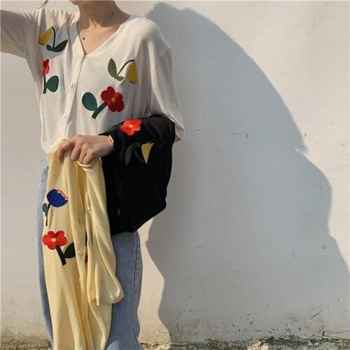 Floral Print Button Knit Short Cardigan Sun Protection Top Air Conditioning Shirt Long Sleeve Casual Loose Sweater