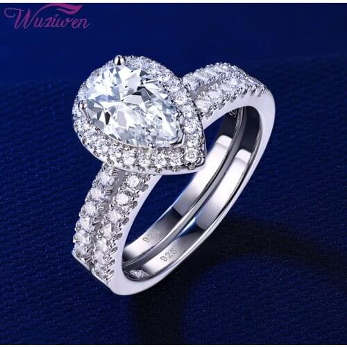 Wuziwen Halo Pear Shape Solid 925 Sterling Silver Wedding Engagement Rings For Women Water Drop AAAAA Cubic Zircons Bridal Set
