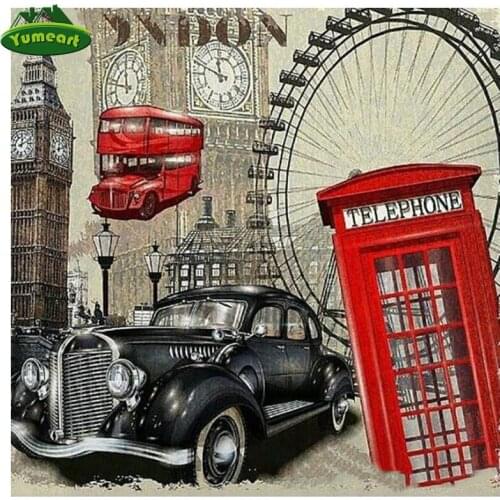 YUMEART 5D Diamond Painting London Landscape Car Phone Booth Square Square Kit Diamond Embroidery Rhinestone Room Decoration Art
