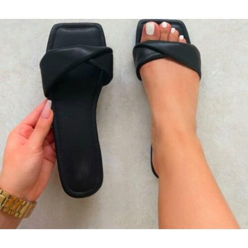 2021 Summer New Style Fashion Casual Solid Color Square Head Open Toe Flat Bottom Outdoor Large Size Female Slippers