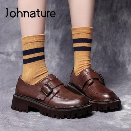 Johnature Platform Women Shoes Pumps 2021 New Genuine Leather Hook & Loop Winter Handmade Leisure Round Toe Concise Ladies Shoes