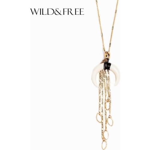 WILD & FREE Women Ethnic Crescent Horn Pendant Necklace Vintage Gold Zinc Alloy Tassel Copper Wire Wrap Collar Necklace Jewelry