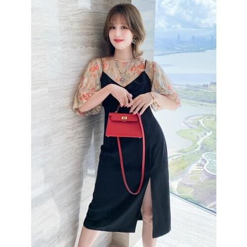 High quality White gauze bronzing hubble-bubble sleeve blouse + split condole belt dress two-piece women summer new tender