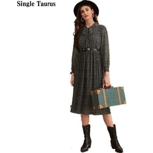 Floral Print Chiffon Dress 2021 Fall Long Sleeve Bow Neck Elegant Vestido De Mujer Maxi Dress Preppy Style England Vintage Dress