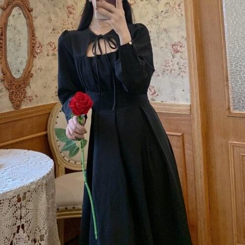 2021 Autumn Retro Black Midi Dresses Bandage Design French Evening Party Dress Women Long Sleeve Vintage Y2k Dress Korea Fashion