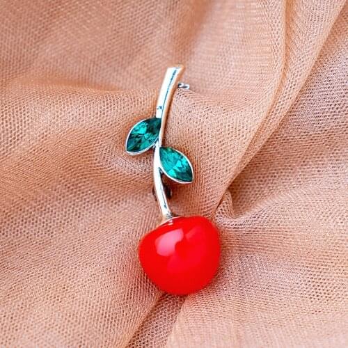 1pc Women Charming Red Cherry Brooch Fruit with Green Crystal Leaf Pin For Dress Coat Sweater Shirt Scarf Party Gift