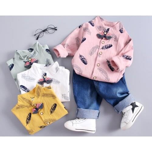 Autumn Infant Sets Kids Cartoon Printing Long Sleeve Lapel Bow Shirt Jeans 2Pcs/Sets Baby Boys Gentleman Clothing Leisure Suits