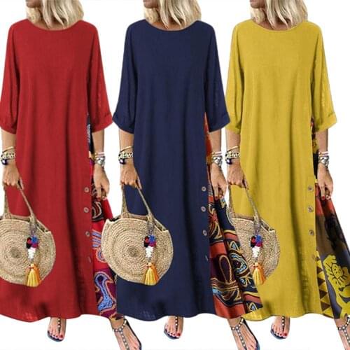 80% Hot Sales!! Plus Size Women Vintage O Neck 3/4 Sleeve Side Buttons Printed Loose Long Dress