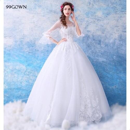 99GOWN Simple 2021 Wedding Dress For Women Three Quarter Sleeve Flare Sleeve A-Line Wedding Ball Gown Embroidery Bridal Dress
