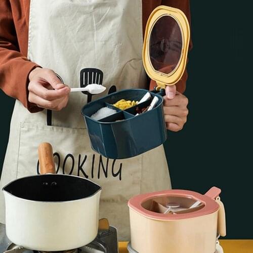 Big Spice Jar Plastic Portable 4-Grid Seasoning Box Spice Container with Lid & Spoon Kitchen Salt Sugar Box Kitchen Tool