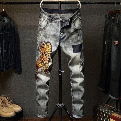New Hot Sale Mens Full Length Pants Fashion Tigerr Embroidery Printing Jeans Trousers Male Casual Elastic Pencil Pants
