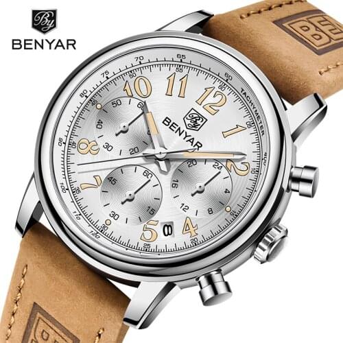 BENYAR New Business Mens Watch 2021 Chronograph Casual Sports Quartz Watch Stainless Steel Case Waterproof Relogio Masculino