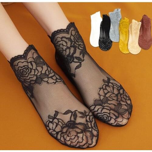 Black White Lace Socks Summer Hollow Out Mesh Ruffle Socks Lolita Girls Fashion Transparent Silk Sock Calcetines De La Mujer