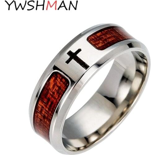 Wooden Christian Jesus Titanium Steel Mans Ring 8mm Wide Engraved Jesus