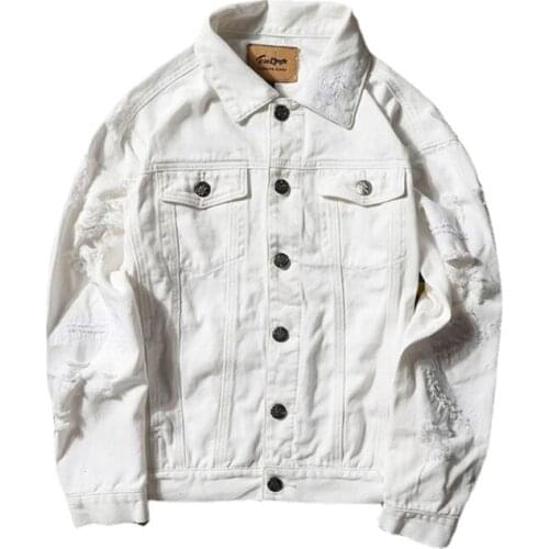 Men White Denim Jackets Holes Jeans Coats New Spring Autumn Solid Denim Coats Male Cotton Casual Fit Jeans Jackets Size 5XL