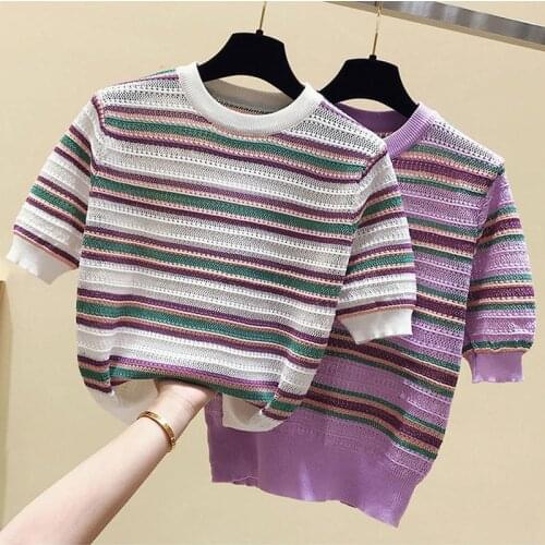 Fashion Thin Knitted Striped O-Neck T-Shirts Women Summer Casual Cotton Short Sleeve Tee Shirt Female Colorblock knit Tops