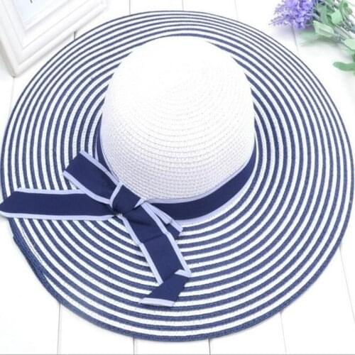 Hot Sale Fashion Hepburn Wind Black White Striped Bowknot Summer Sun Hat Beautiful Women Straw Beach Hat Large Brimmed Hat