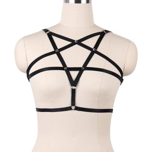 JLX.HARNESS Women punk pentagram body harness bra Bondage Lingerie Elastic Strap Tops Chest Out Bra Fetish Gothic harness Belt