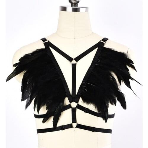 JLX.HARNESS Feather Body Harness Shoulder Feather Belt For Women Chest Bra Hollow Out Harness Slave Halloween Club Party Dance