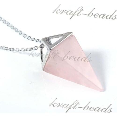 KFT Natural Healing Pink Crystal Stone Neaklce Rose Pink Quartz Reiki Stone Pendant Chain Necklace For Women Girls Men Jewelry
