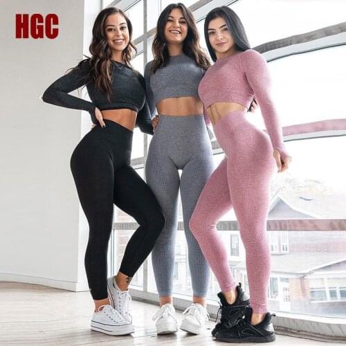 HGC Yoga Set Women Fitness Seamless Suit Sports Outfit Long Sleeve Top Push-up Bra Running Leggings Gym Sexy Workout Sportwear