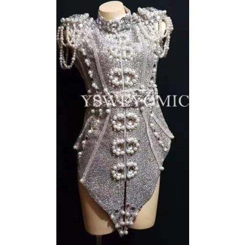2019 New Design Sparkly Silver Gray Pearls Crystals Outfit Dance Wear Party Costume Stage Club bodysuit Singer Dance Wear