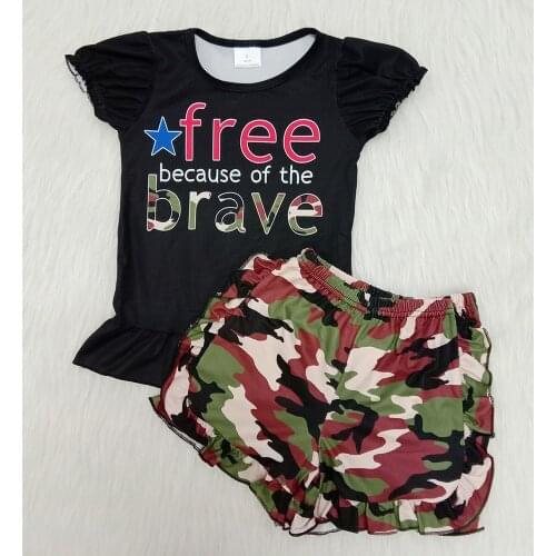 Summer Baby Girls Outfits Free Brave Black Milk Silk Shirt Camouflage Shorts with Ruffles Kids Boutique Set