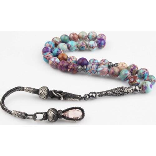 Multicolor Natura Variscite Stone 1000 Kazaz Silver Tassel 33 Bead Prayer Tasbih Rosary Men Women Meditation Jewelry From Turkey