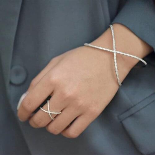 Fashion Modern Simple Bangle For Women Cross X Shape Ring Zirconia Micro Paved Silver Color Bangle Jewelry Sets Zk30