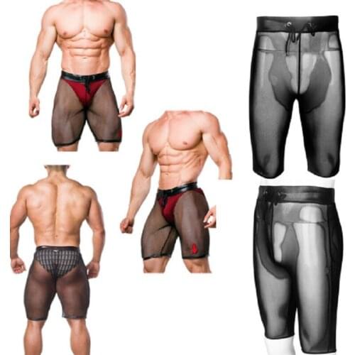 Mens Sexy Couple Underwear Patent Leather Mesh Stitching Slim Ultra-Thin Transparent Soft Shorts Nightclub Gay Couple Costume